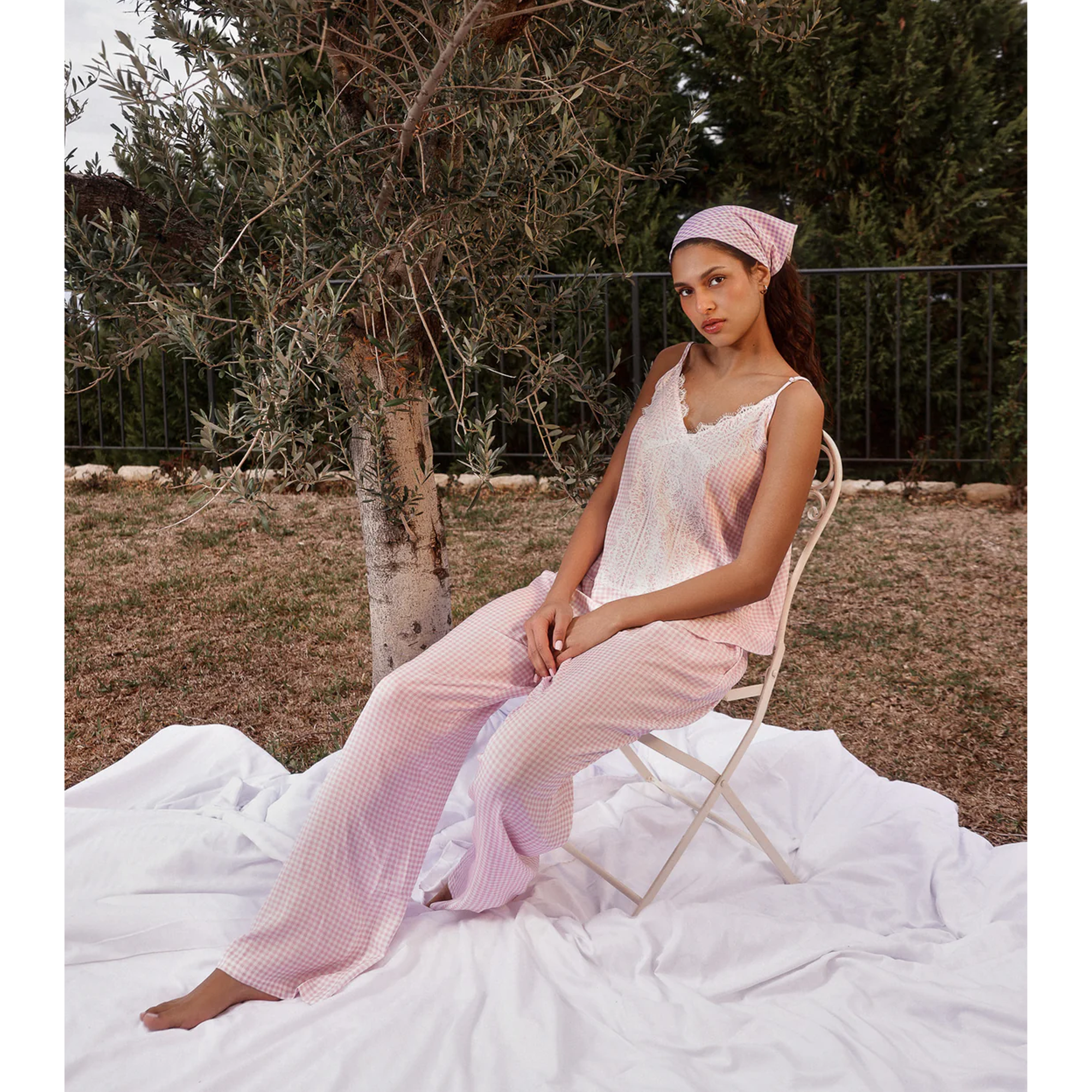 Soft Pink Checkered Pants Set