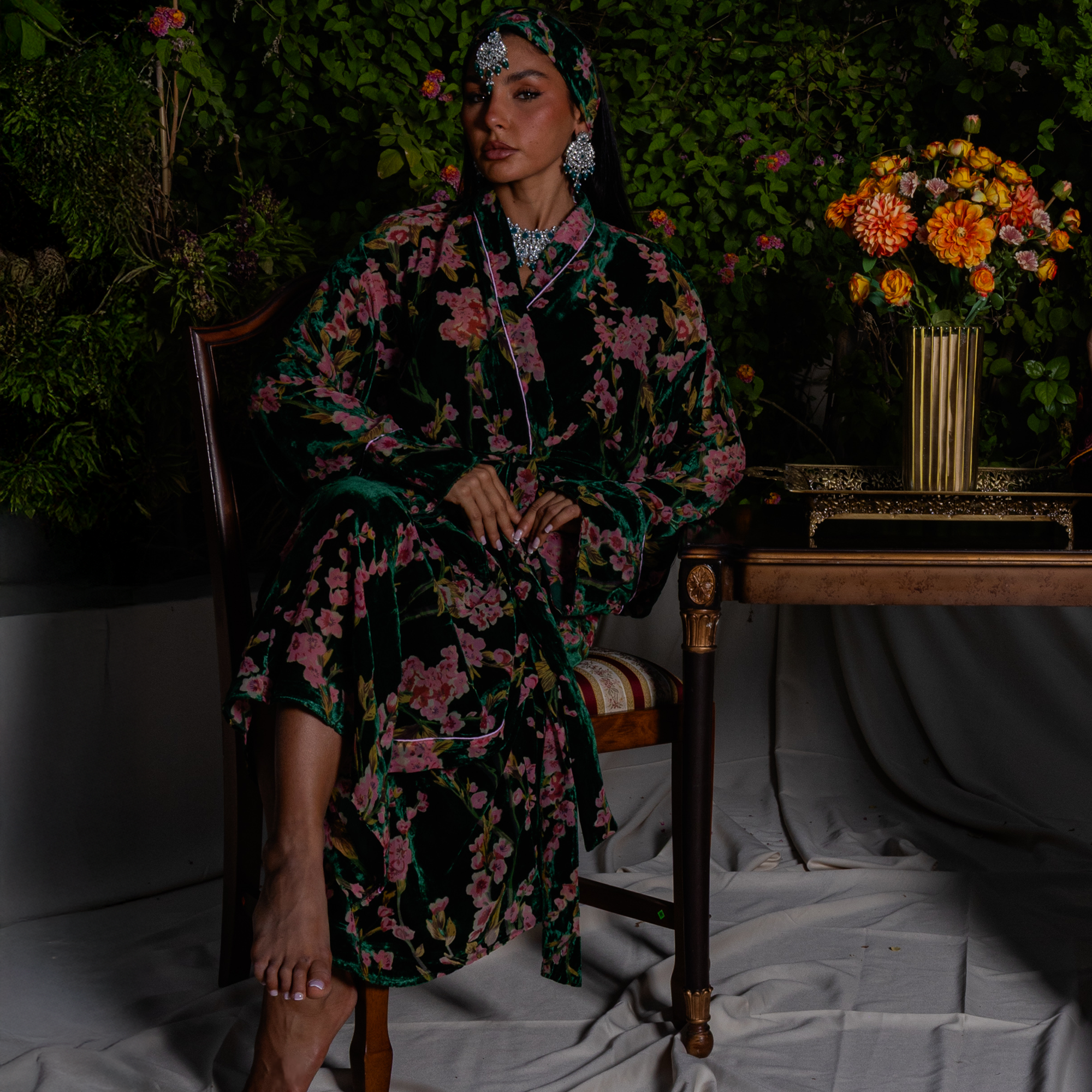 Dark Green Floral Velvet Chiffon Robe