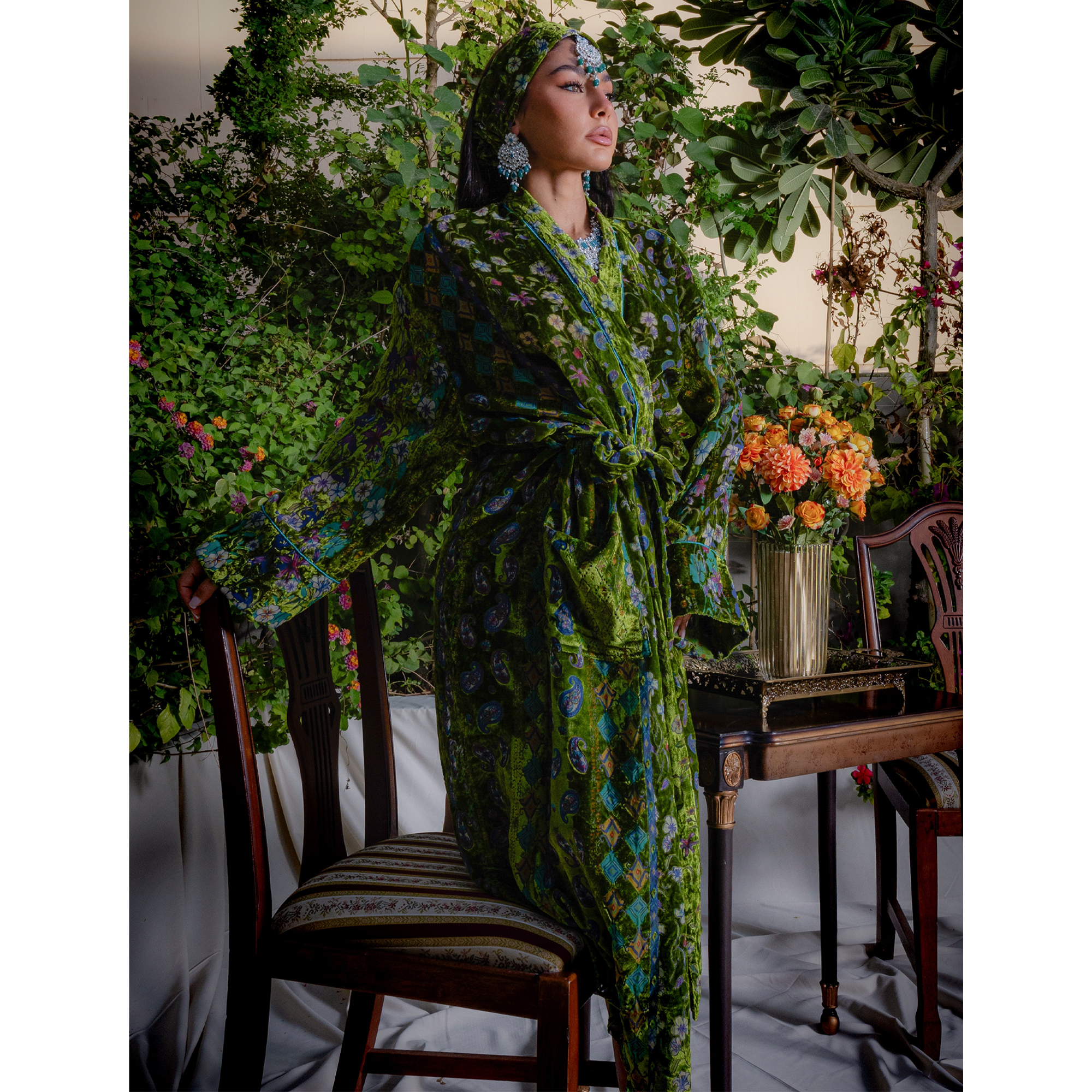 Green Velvet Chiffon Robe - Indian patterns