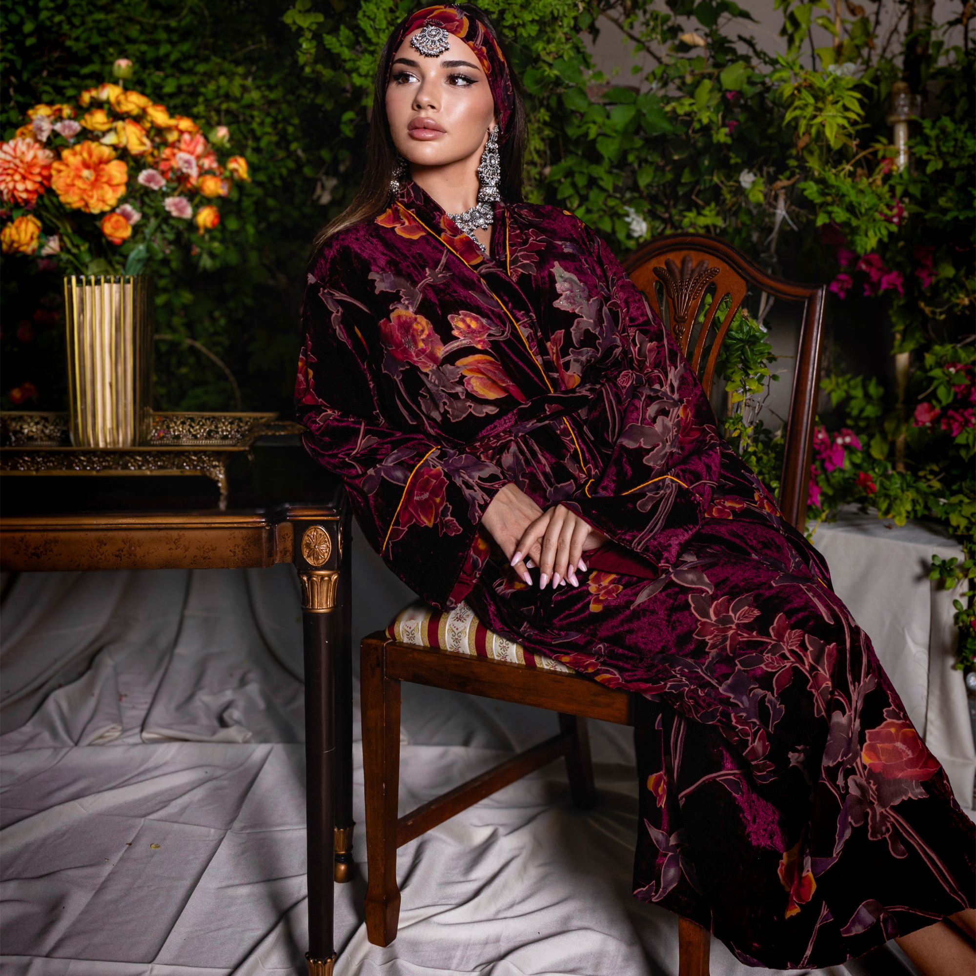 Maroon Floral Velvet Chiffon Robe