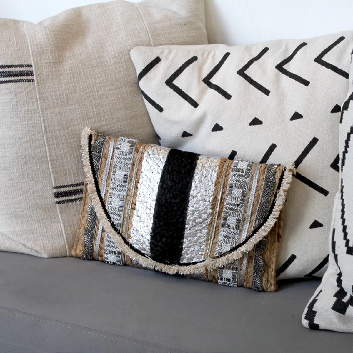 Silver and Black stripe Clutch