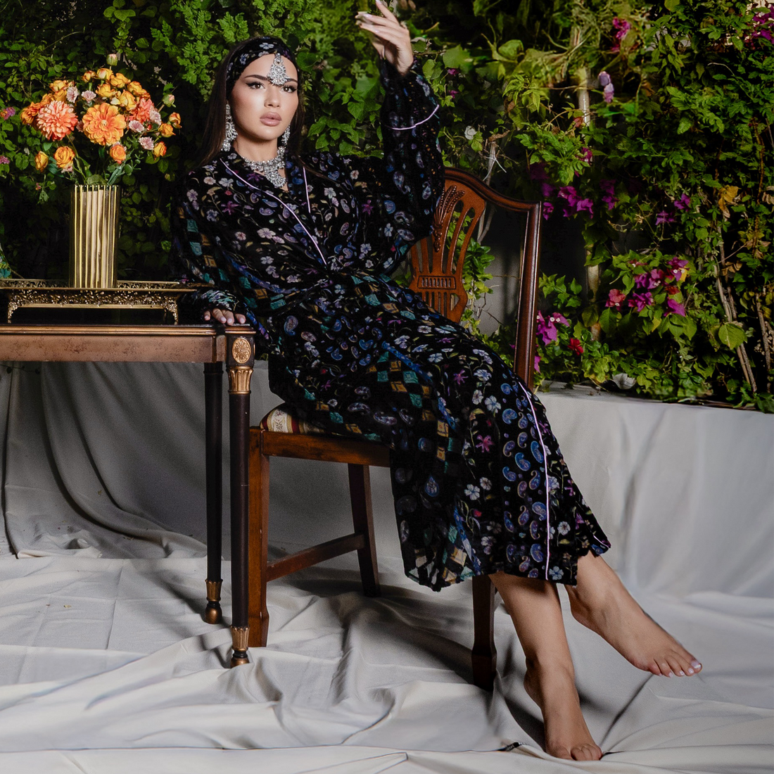 Black Velvet Chiffon Robe - Indian patterns