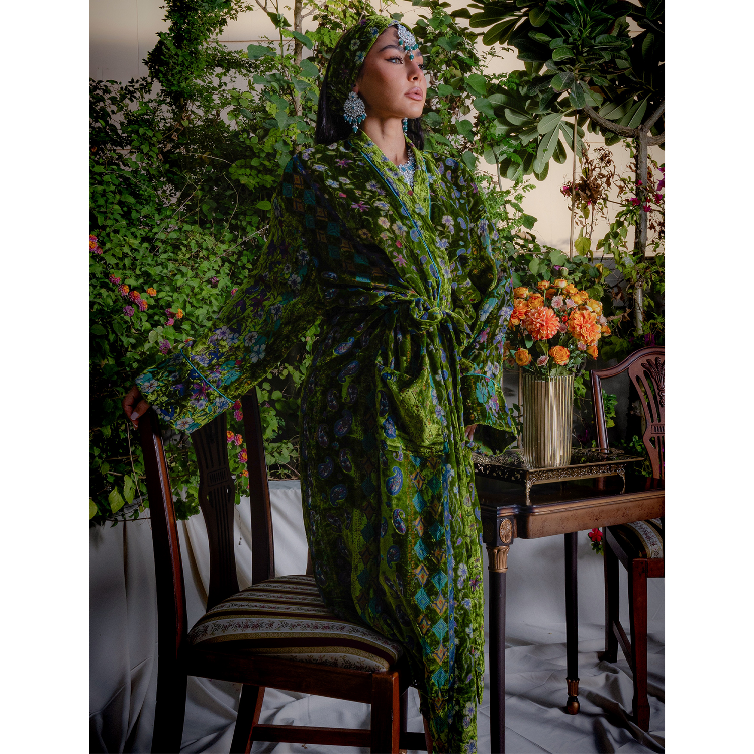 Green Velvet Chiffon Robe - Indian patterns